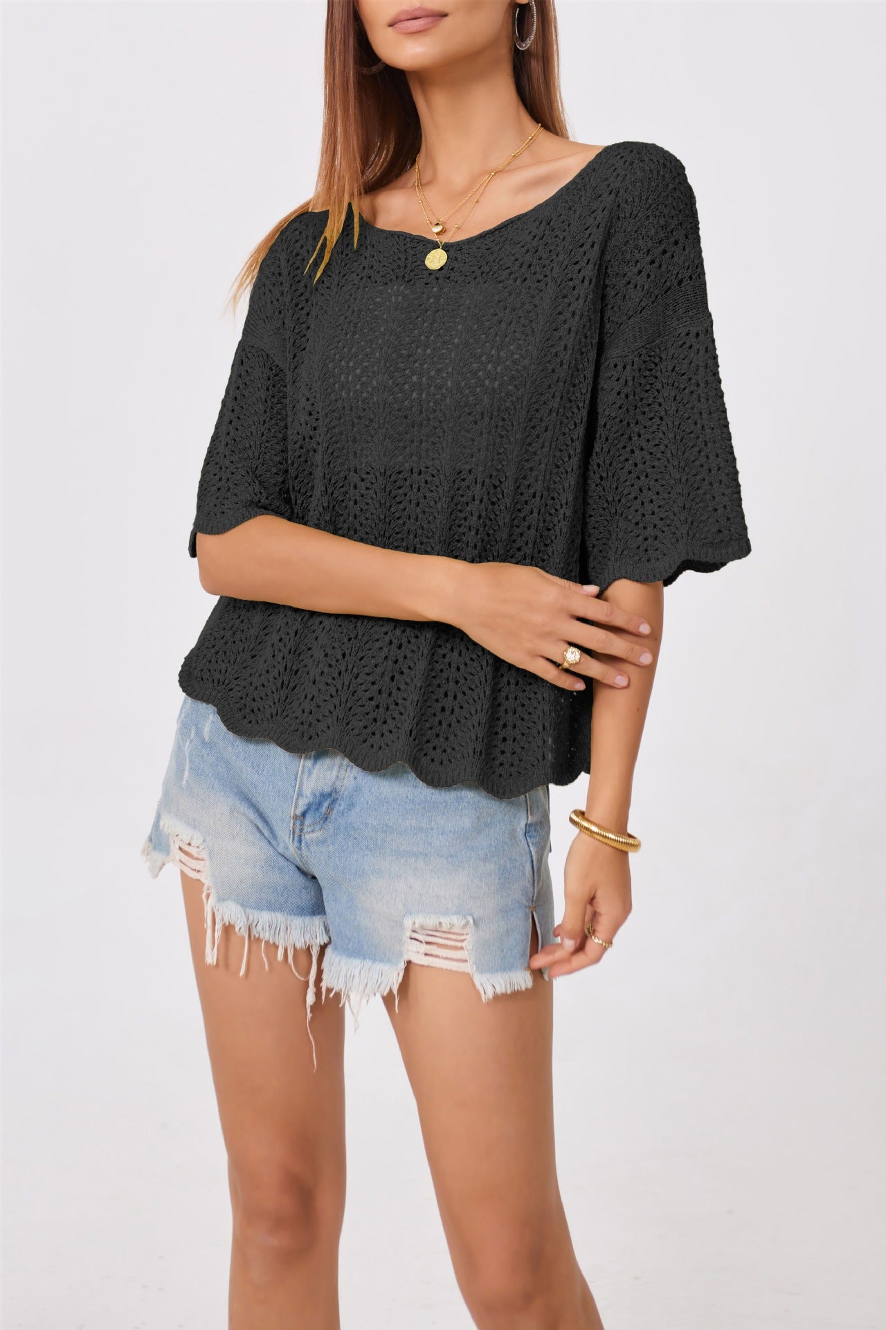 2026 Summer Women’s Loose Knit Hollow Round Neck Top