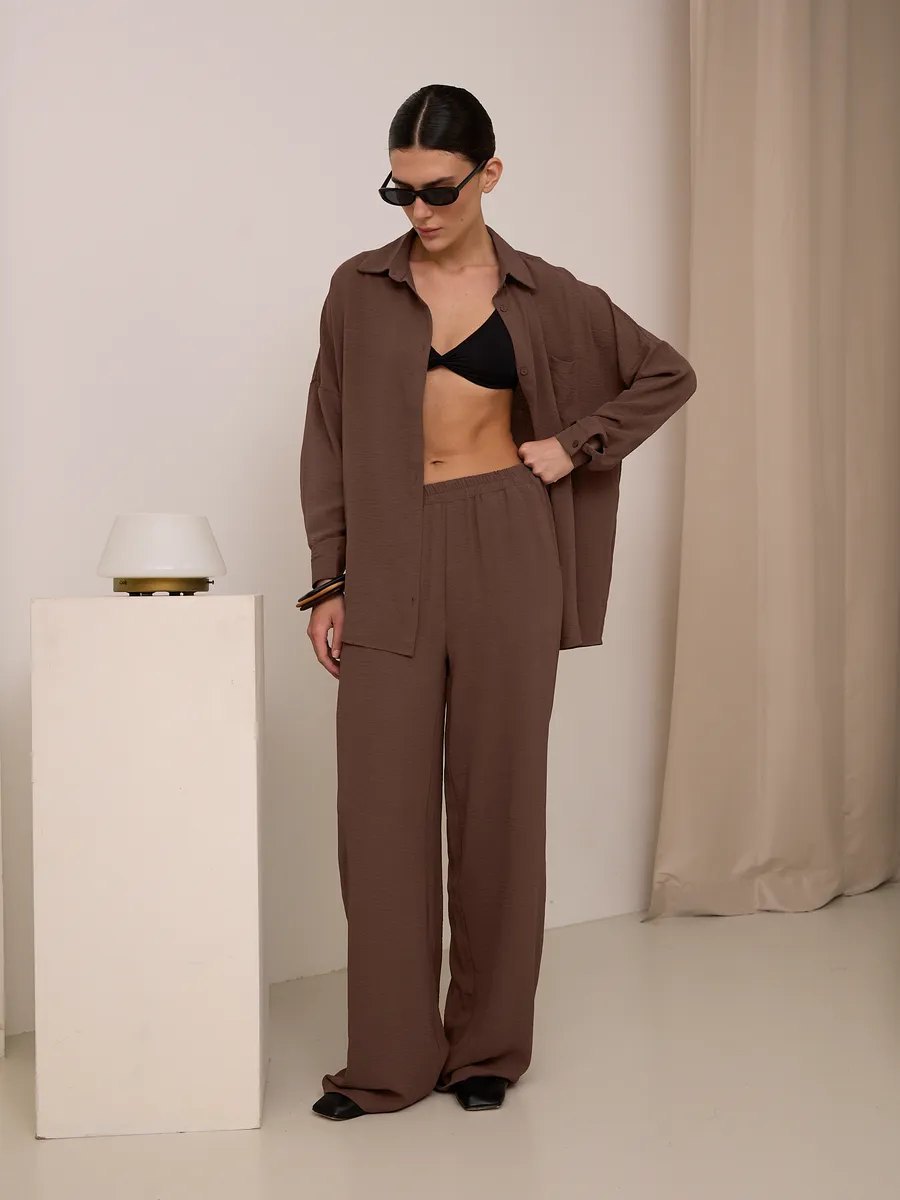 Two Piece Pants Set with Button-Down Shirt & Wide-Leg Pants