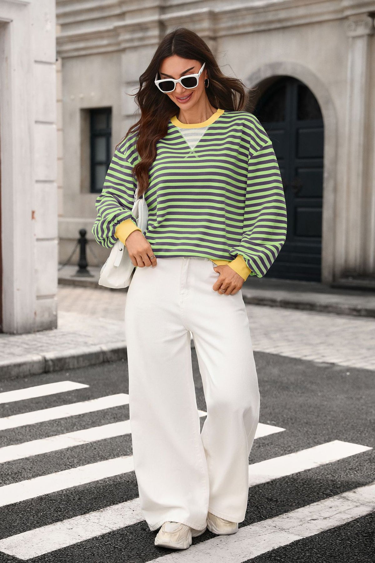 Women Striped Color Block Crewneck Oversized Sweatshirt