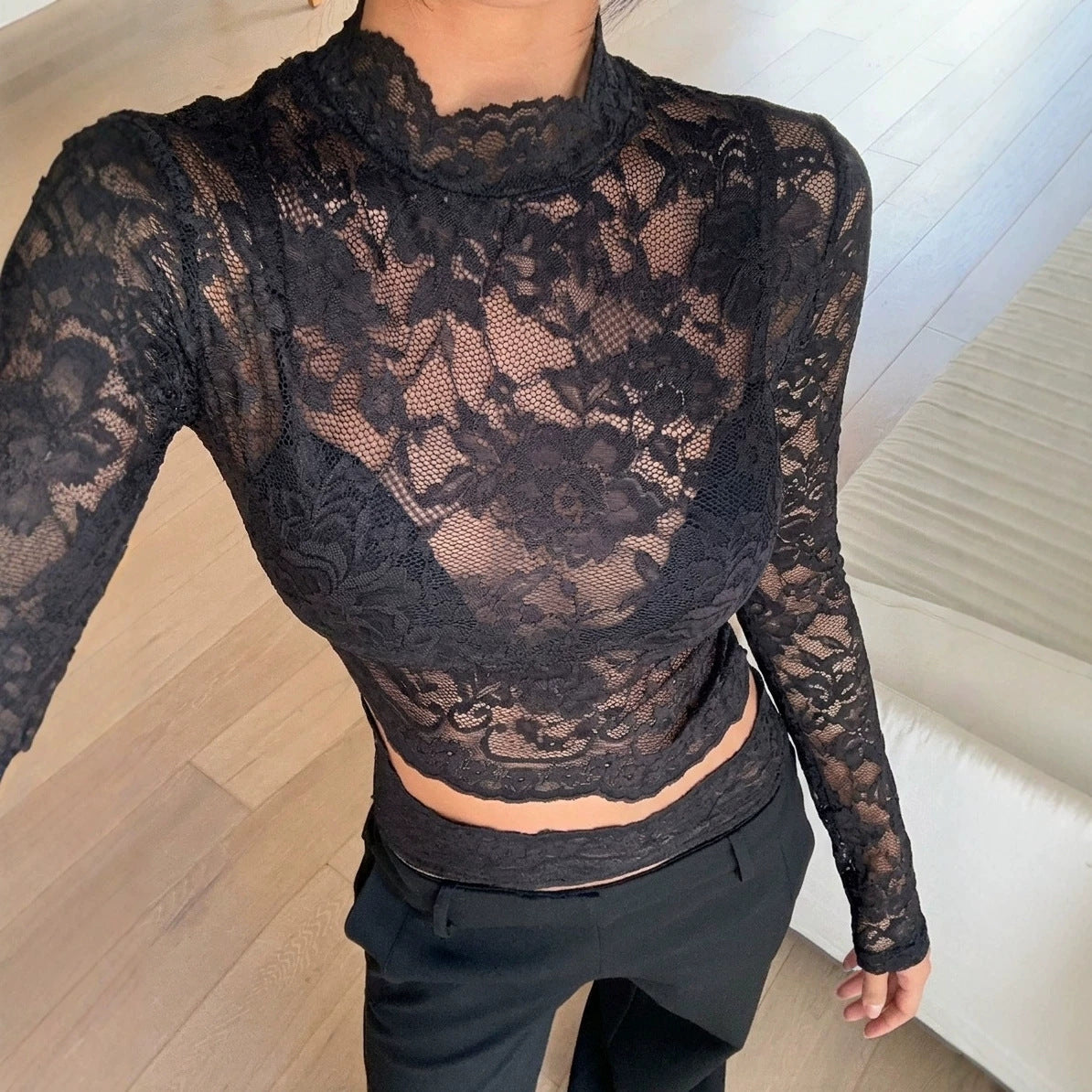 Black Lace Cutout Mock Neck Long Sleeve Top