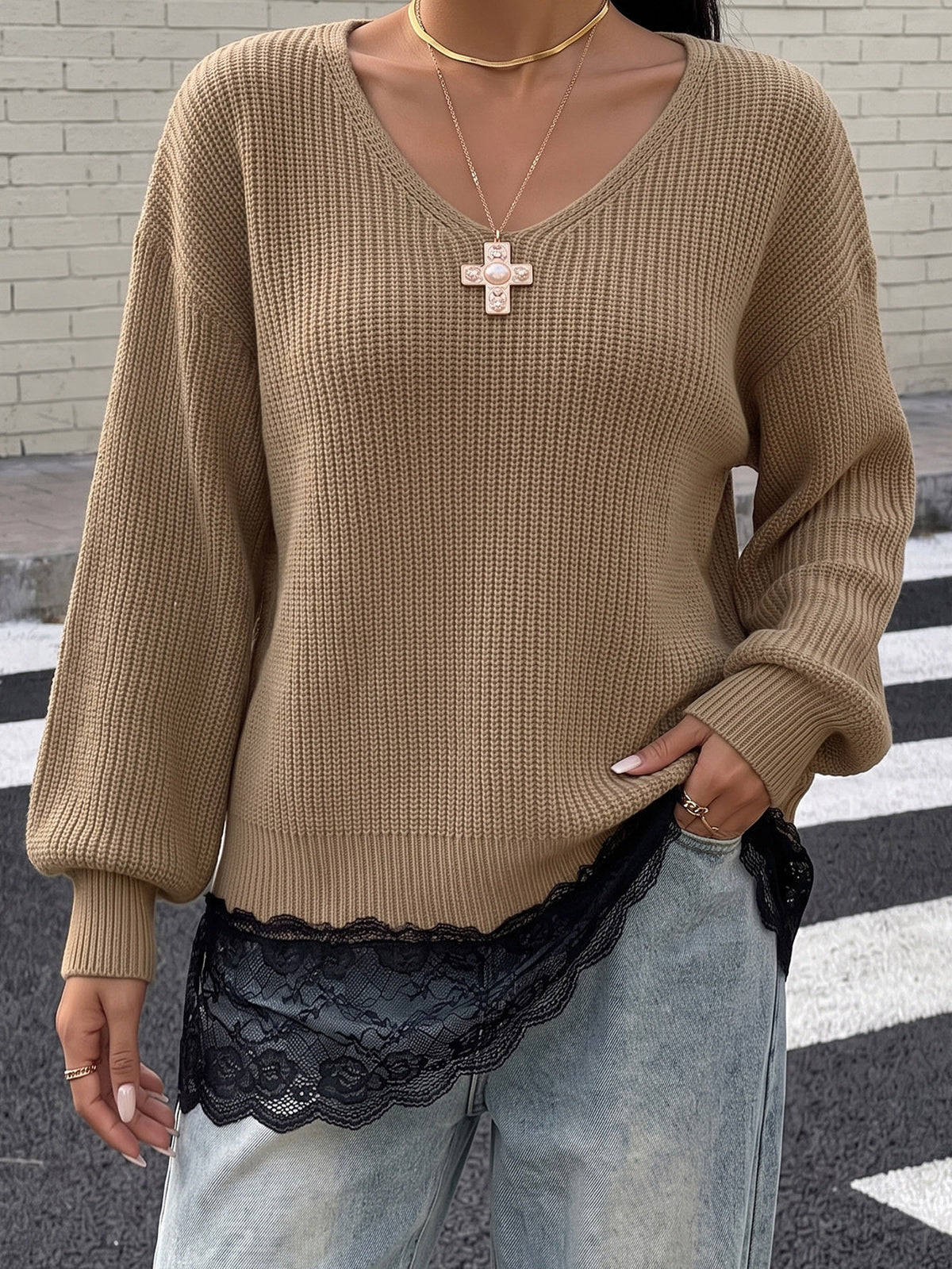 Women's Oversized Lace Trim Sweater V-Neck Lantern Sleeve