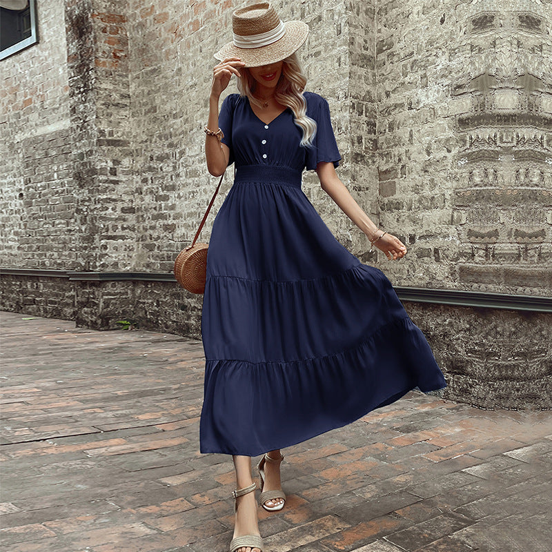 2026 Summer V Neck Smocked Waist Midi Dress