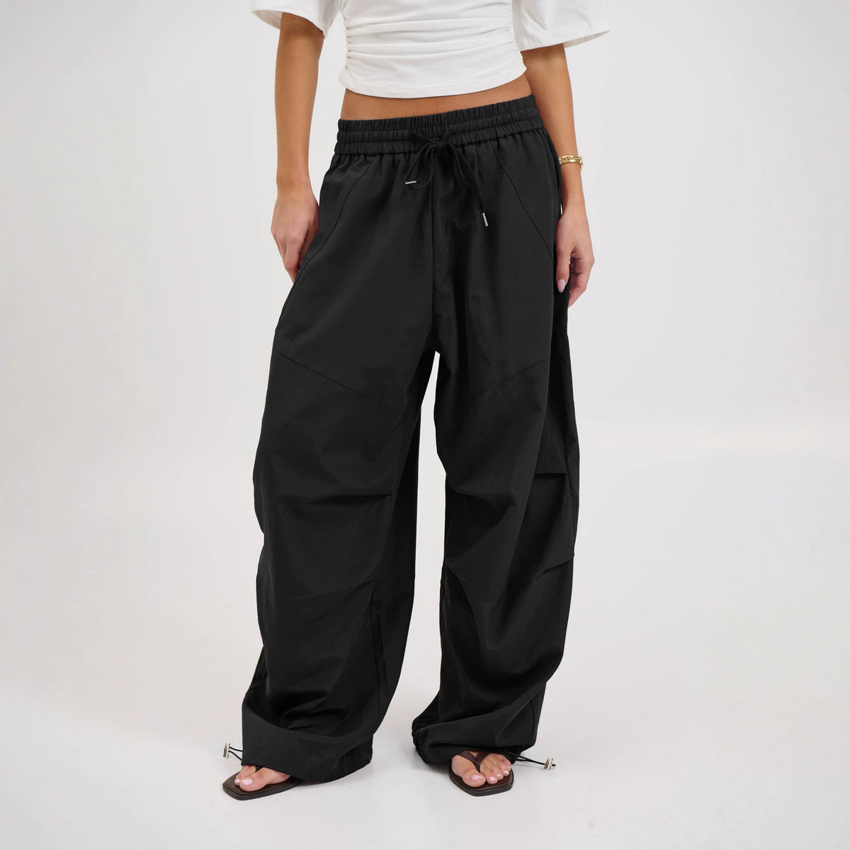 Womens Parachute Cargo Pants Wide Leg Drawstring