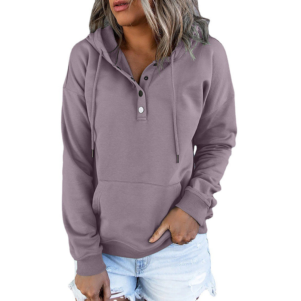 Women's Oversized Henley Hoodie Drawstring Pocket Pullover