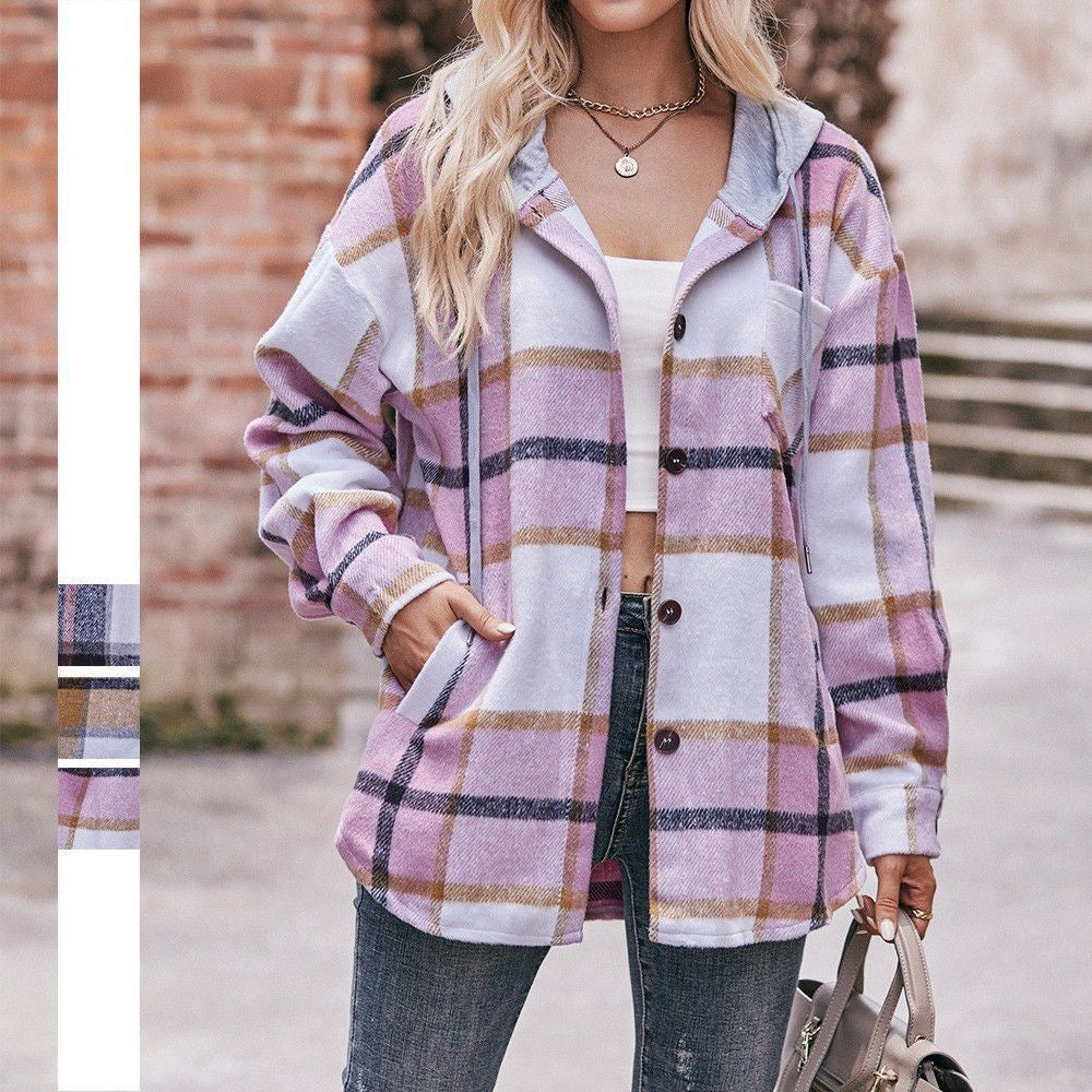 Women's Hooded Plaid Shacket Oversized Shirt Jacket