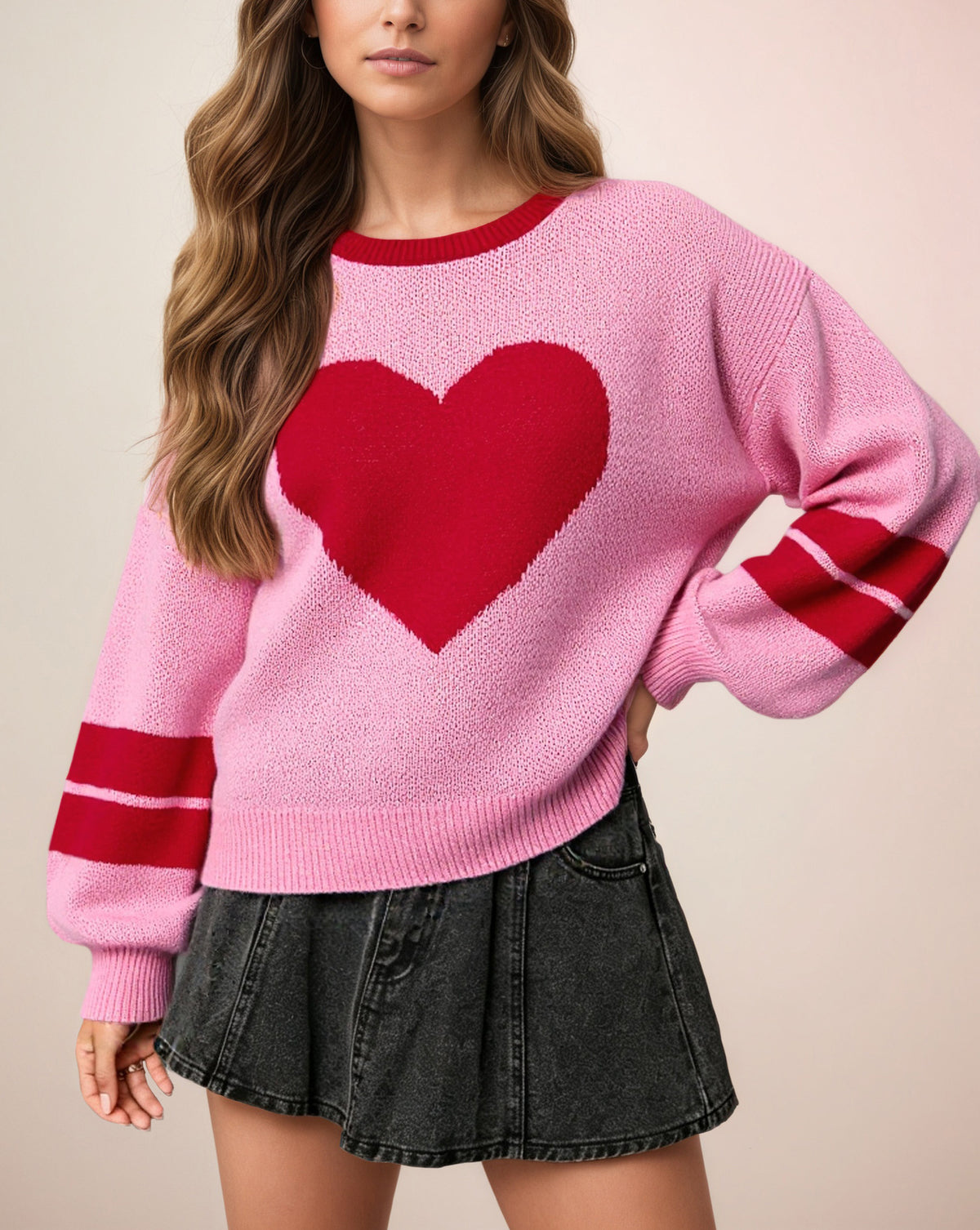 Valentine Heart Sweater Women Oversized Color Block Knit