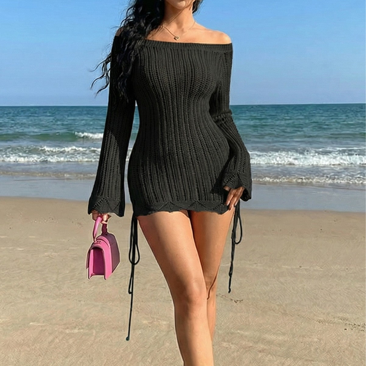 Off Shoulder Knit Drawstring Beach Cover Up Dress