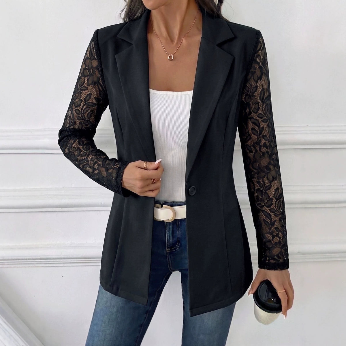 Womens Lace Sleeve One Button Fitted Blazer
