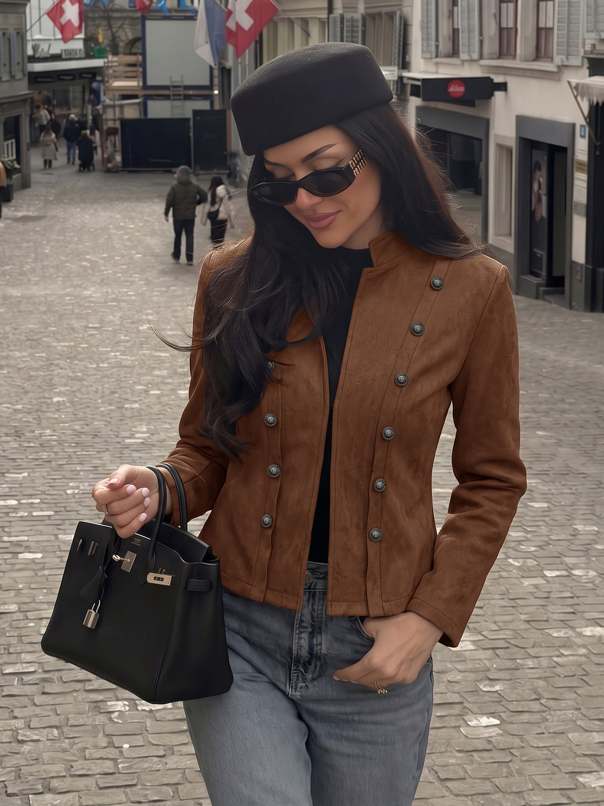 Womens Vintage Suede Double Breasted Crop Jacket