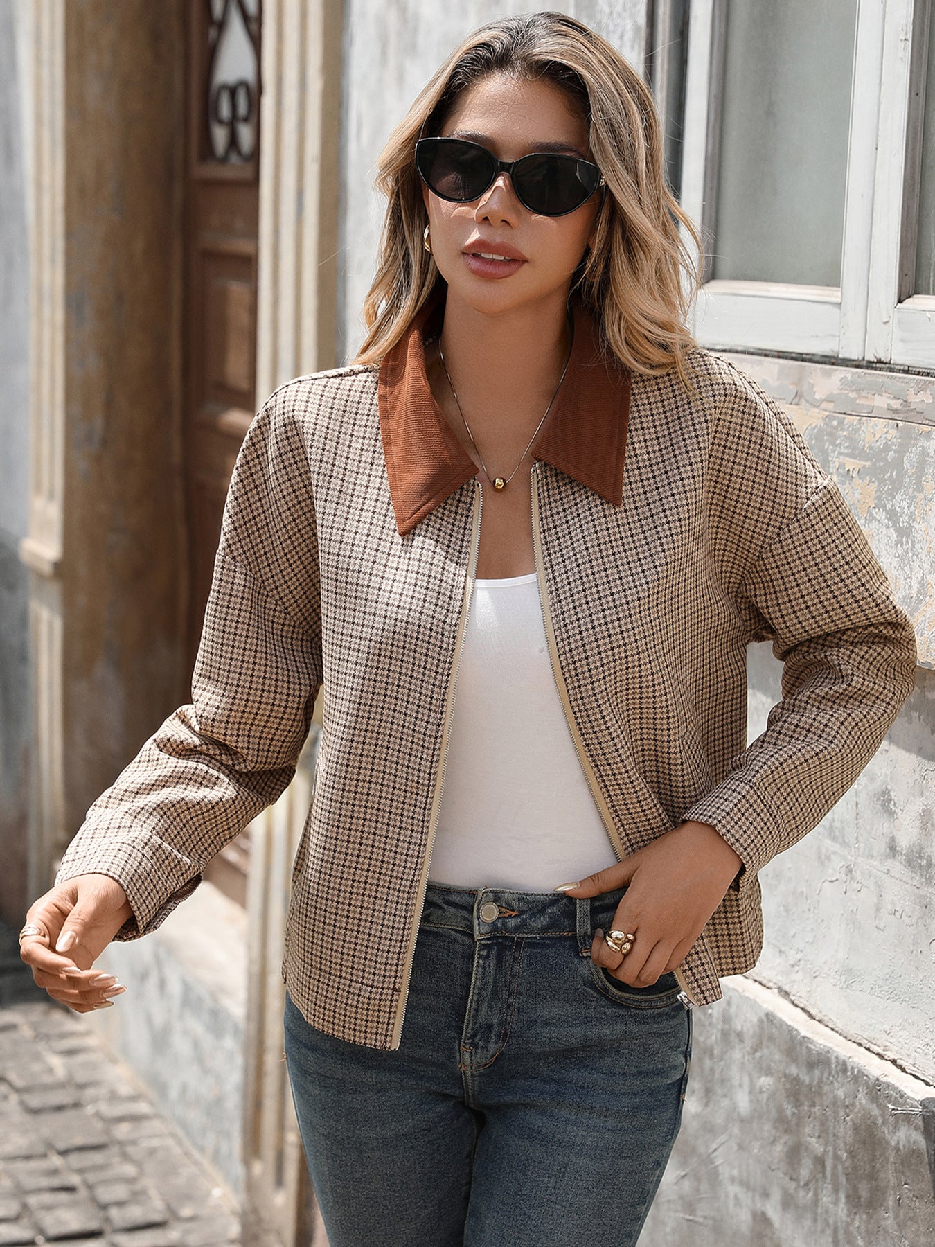 Plaid Contrast Collar Zipper Jacket Women Casual Fall Coat