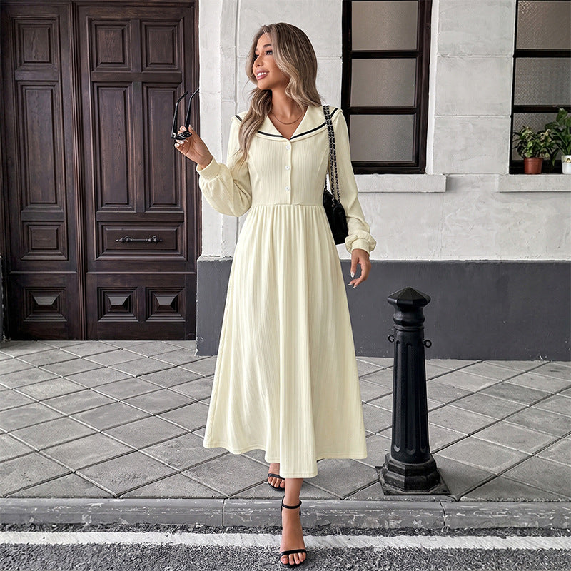 V Neck Midi Dress Button Front High Waist A Line Dress