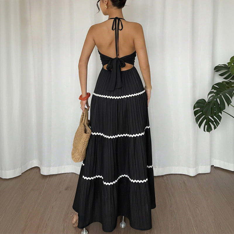 Halter Neck Pleated Maxi Dress Sleeveless A Line