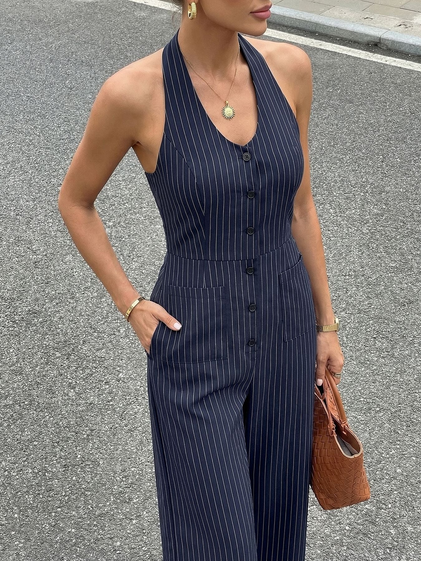 Pinstripe Woven Jumpsuit Workwear Halter Wide Leg