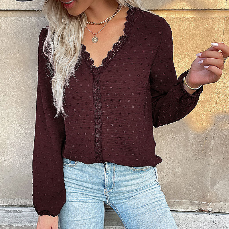 Fall V Neck Long Sleeve Solid Blouse with Lace Trim