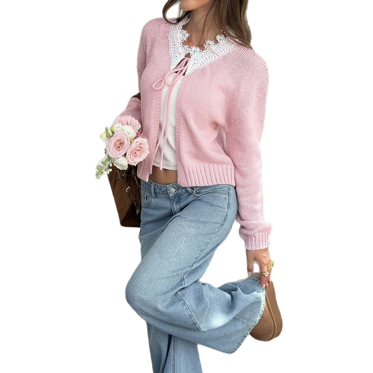 Women's Lace Tie Front Cropped Cardigan Sweater