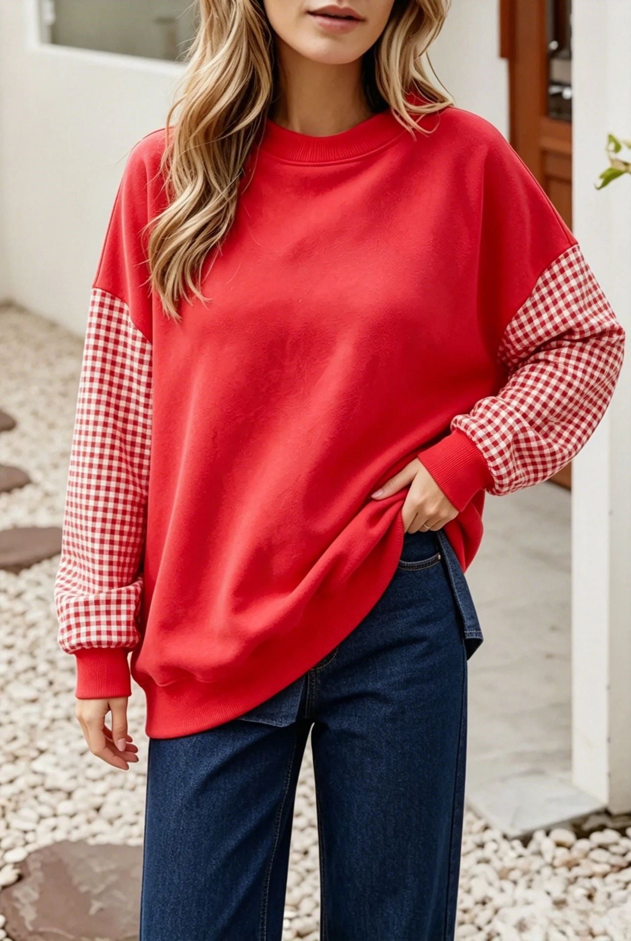 Gingham Knit Sweatshirt Oversized Colorblock Pullover