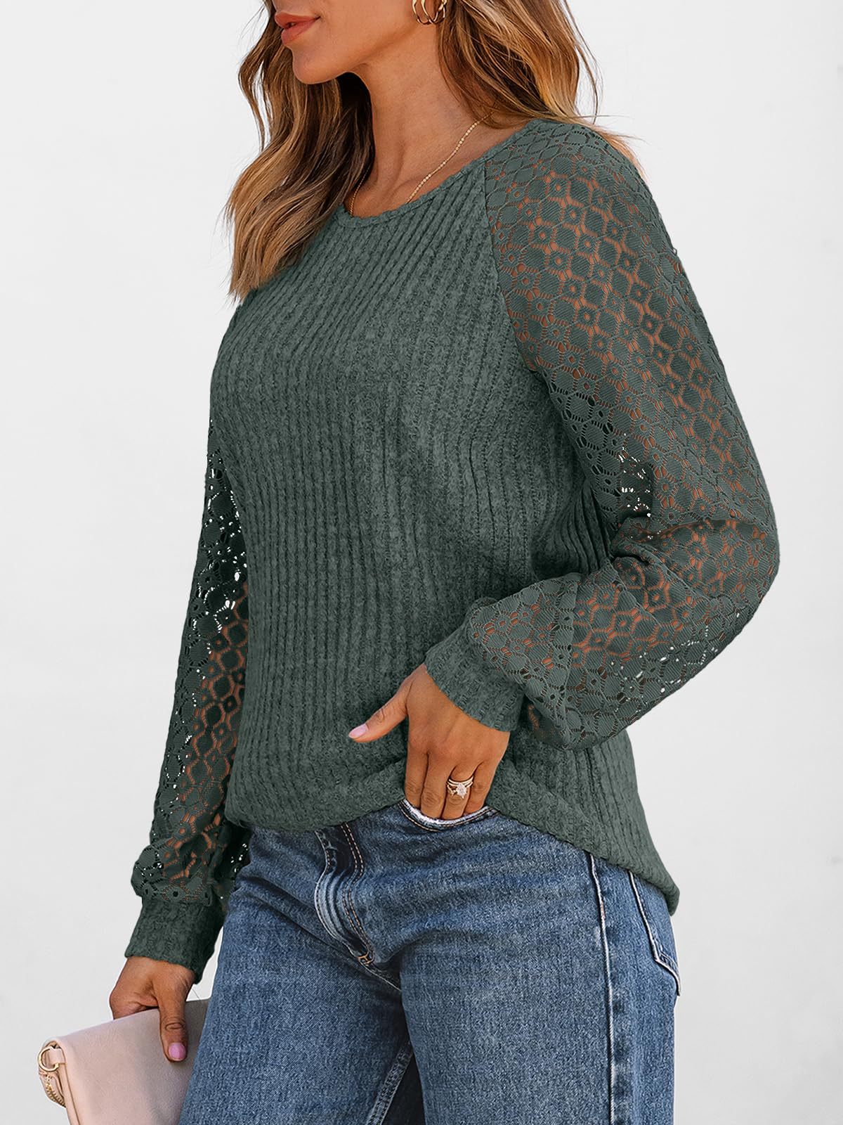 Women's Lace Sleeve Ribbed Knit Crew Neck Sweater Top