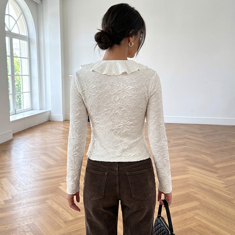 Ruffle V Neck Tie Front Long Sleeve Casual Blouse Top