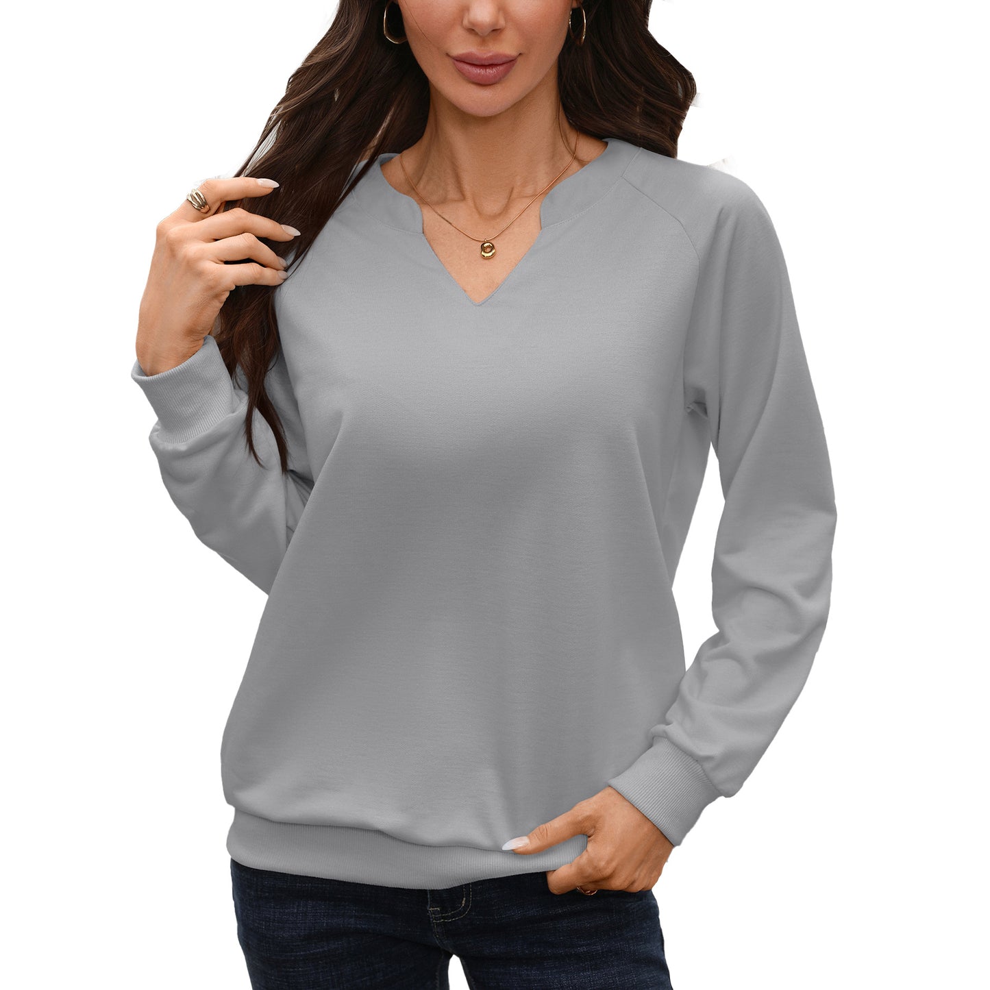 Solid Sweatshirt V Neck Casual Oversized Pullover
