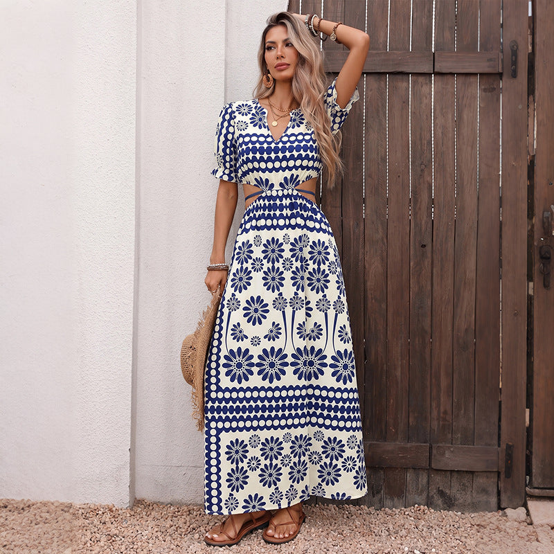 Floral Polyester Maxi Dress Resort Cutout V Neck