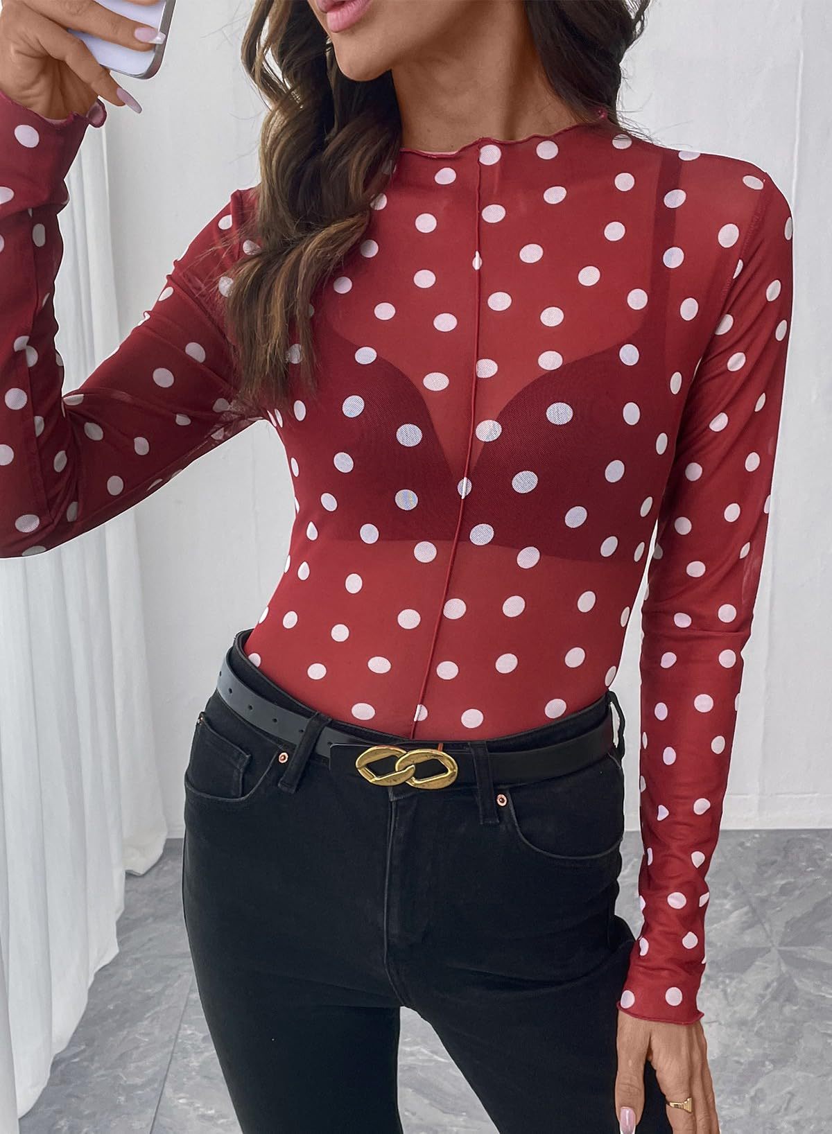 Polka Dot Mesh Top Sheer Fitted Club Blouse
