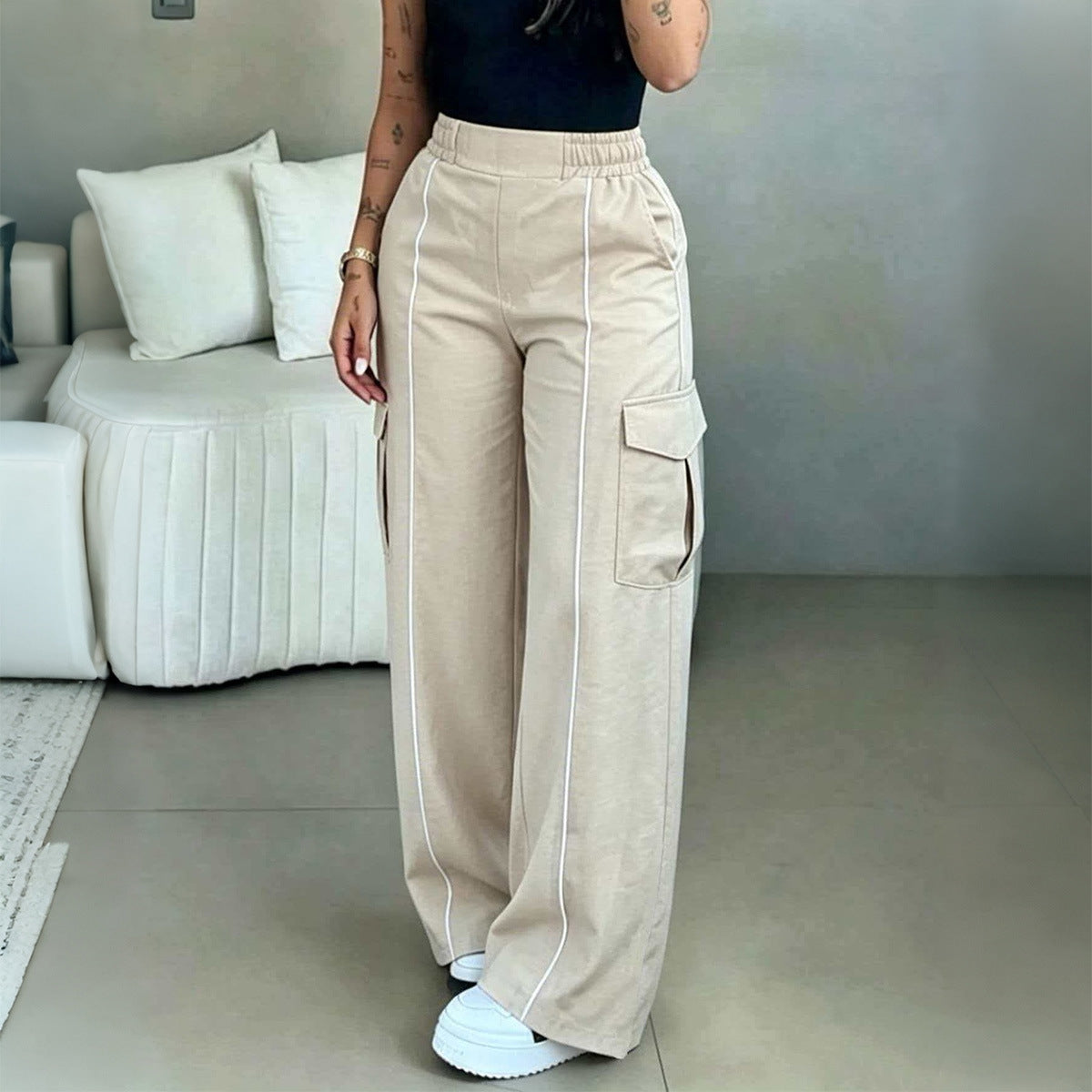 Women's High Waist Cargo Pants Wide Leg Contrast Stitch
