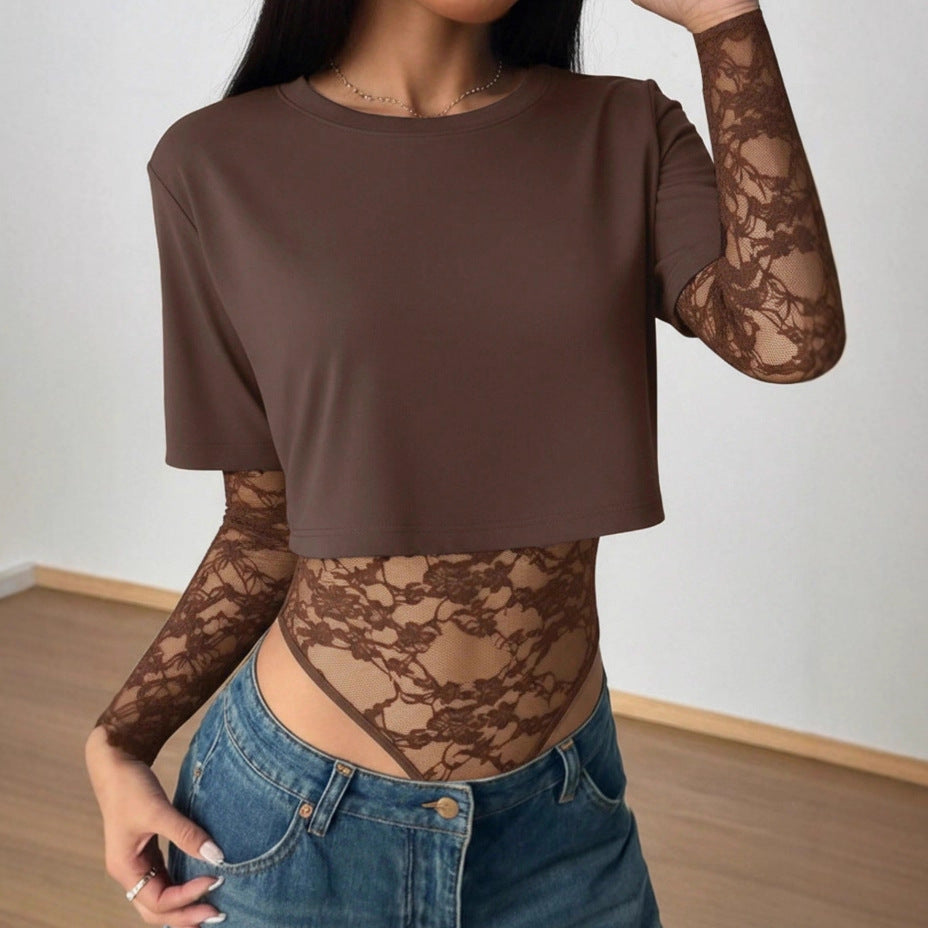 Lace Mesh Bodysuit Crop Top Trendy Layering Tee
