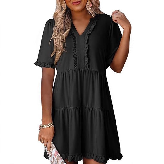 Green V Neck Ruffle Trim A Line Tiered Mini Dress