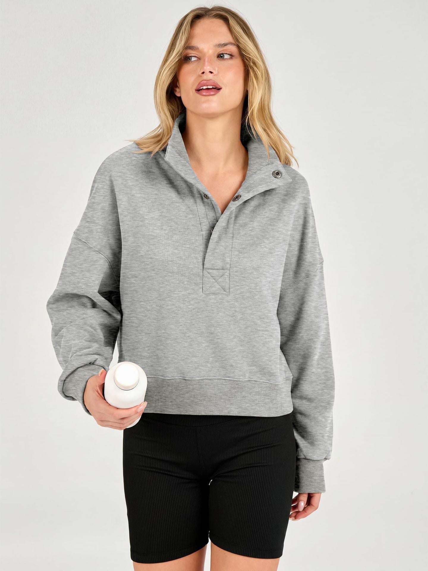 Cropped Henley Sweatshirt Collared Relaxed Fit