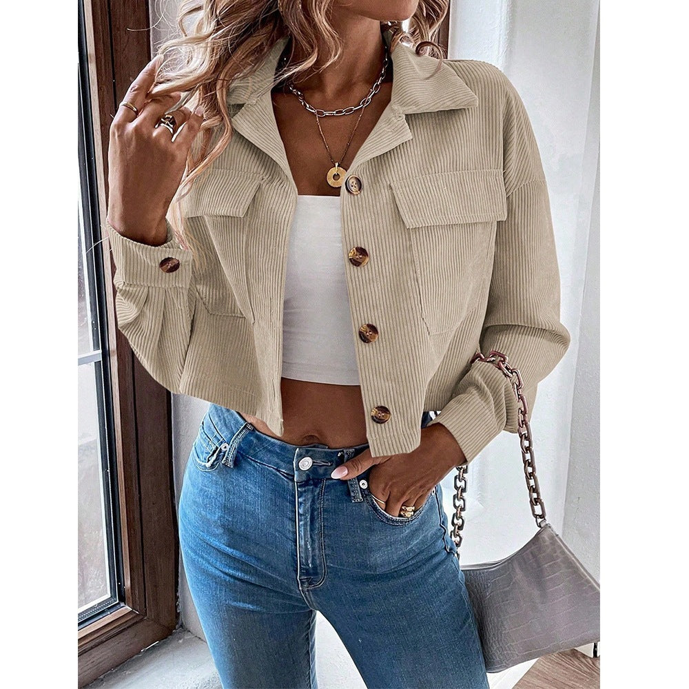 Women Corduroy Cropped Shacket Button Up Jacket