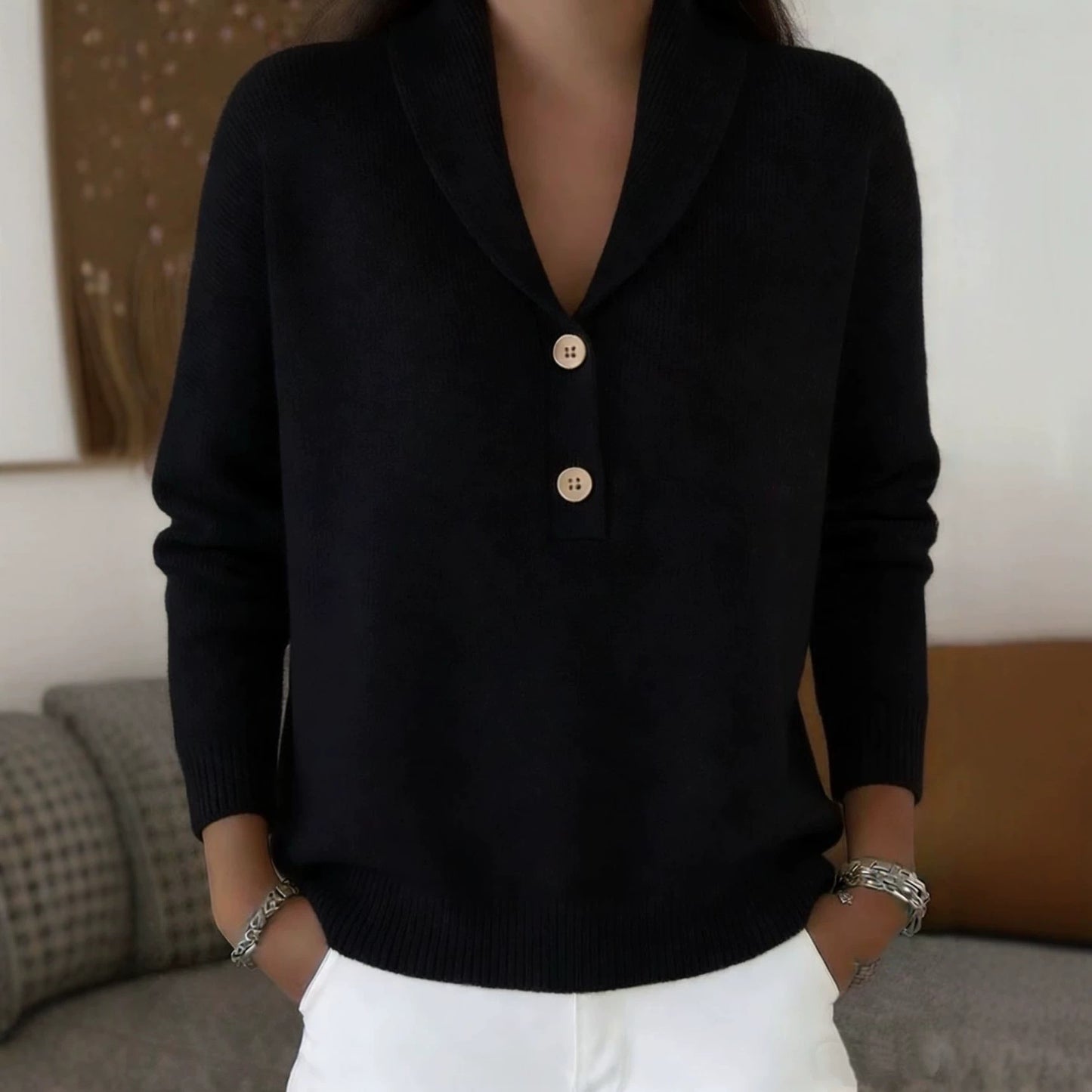 Solid Knit Polo Collar Sweater Button Front Relaxed Fit