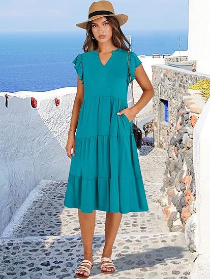 V Neck Flutter Sleeve Tiered Midi Dress with Pockets