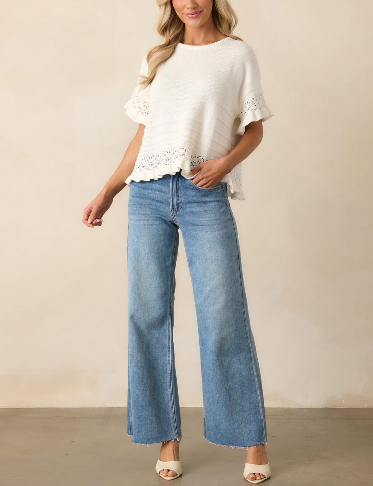 Solid Knit Top Casual Eyelet Ruffle Sleeve