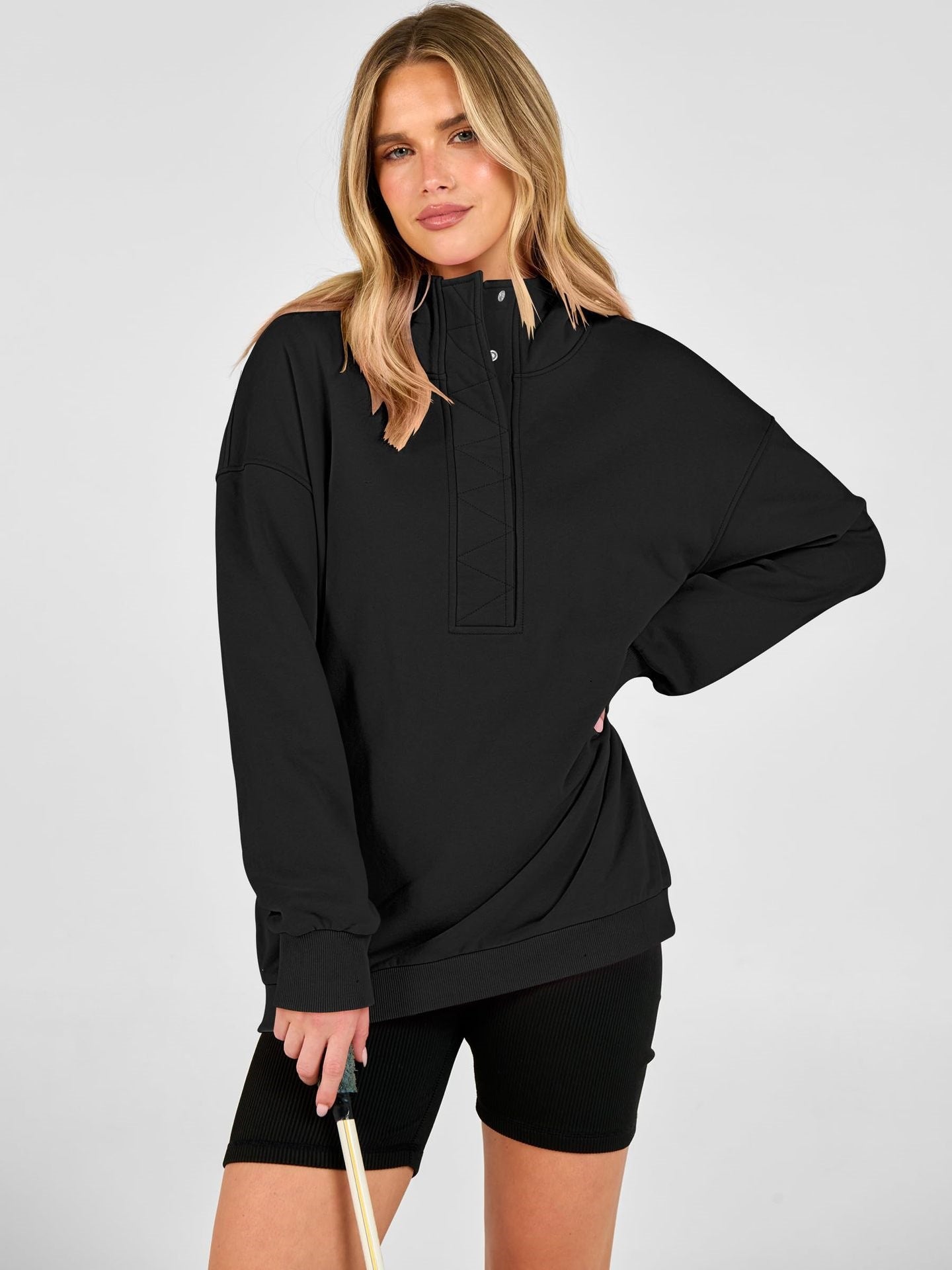 Solid Cotton Blend Hoodie Casual Oversized Snap Neck