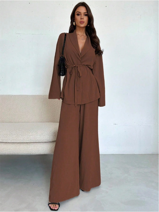 Two Piece Pants Set Wide Leg Belted Blazer Outfit