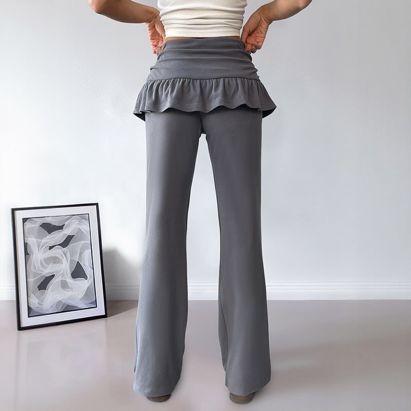 Solid Color Flare Pants with Skirt Overlay Casual Style