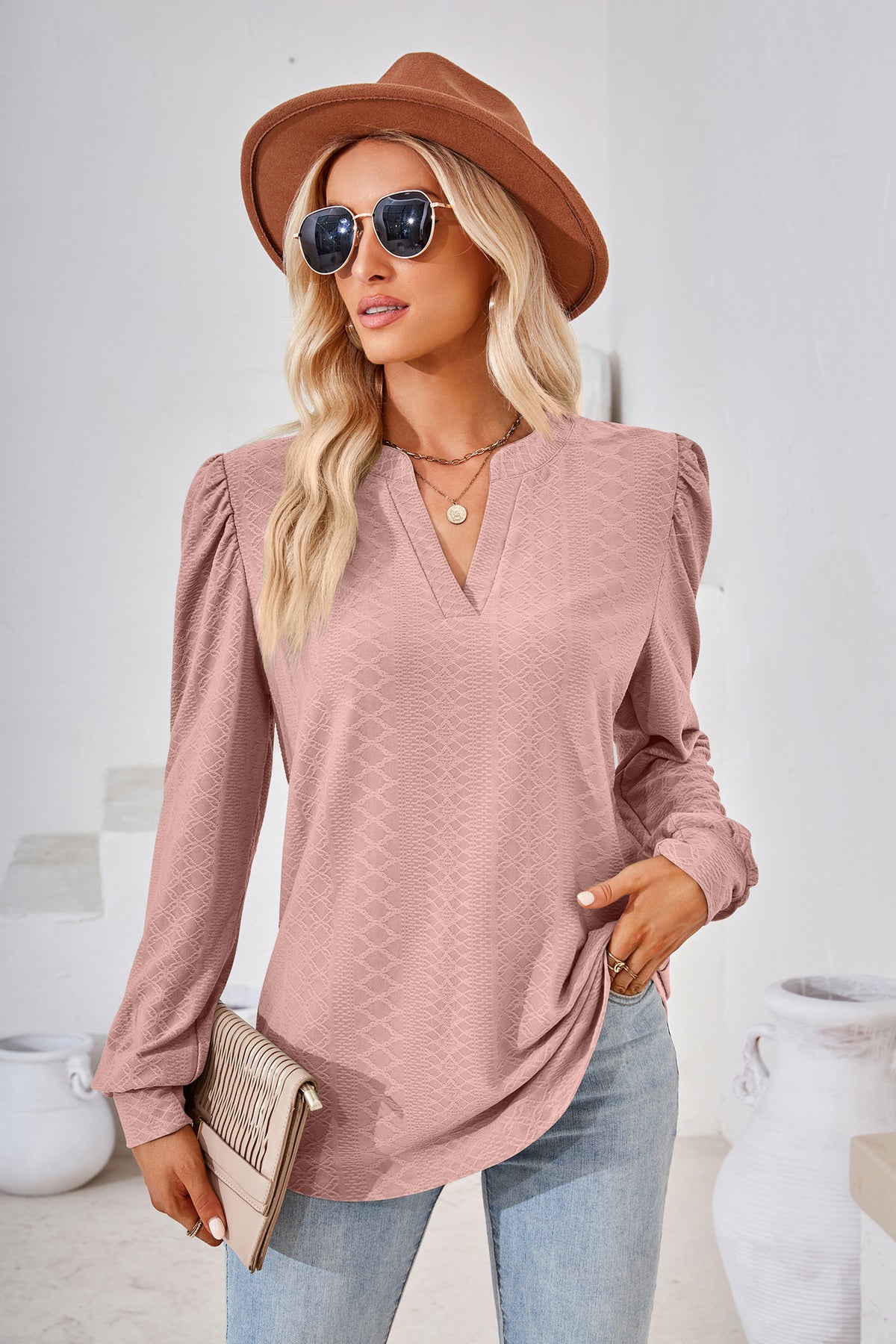 Women's V Neck Puff Sleeve Textured Long Sleeve Tunic Top