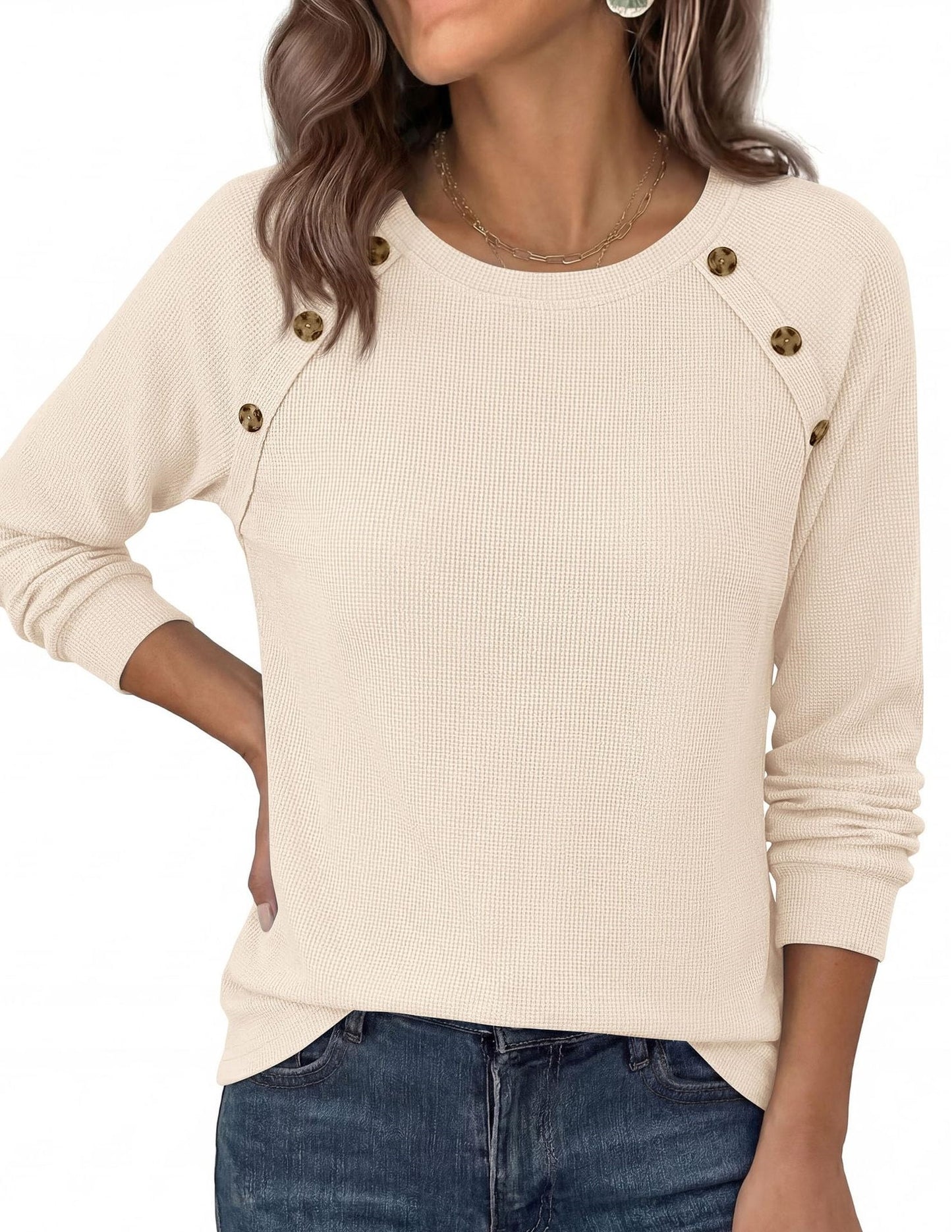 Waffle Knit Button Detail Top Long Sleeve Casual Pullover