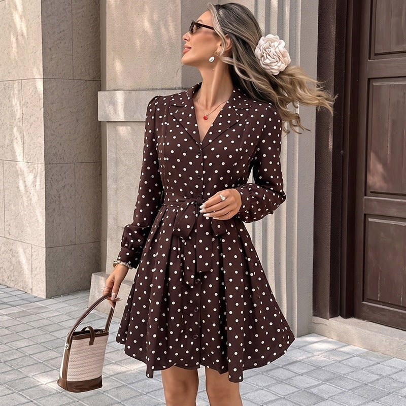 Polka Dot Shirt Dress Tie Waist A Line Mini Dress
