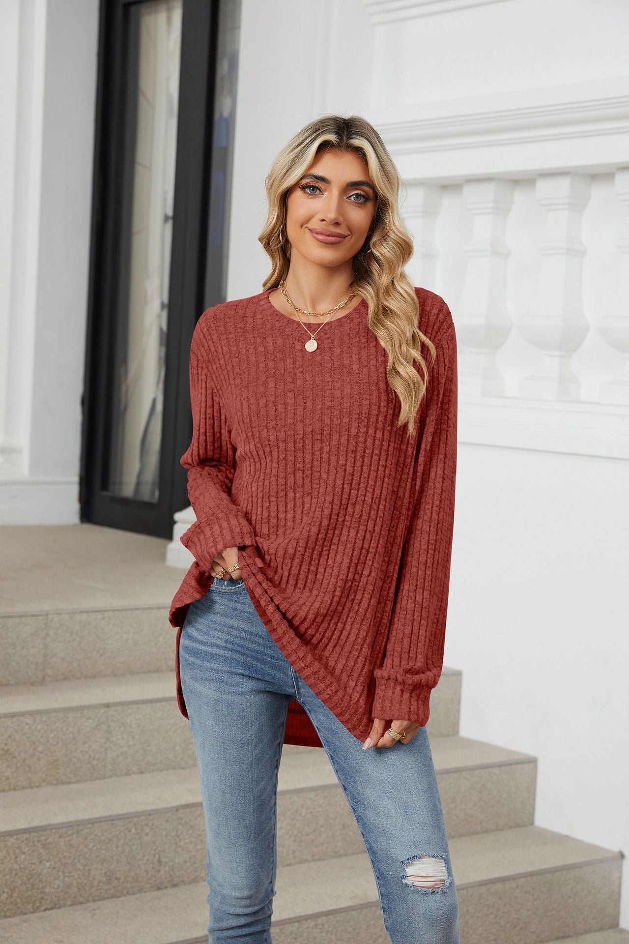 Solid Color Round Neck Long-sleeved Polished Loose T-shirt