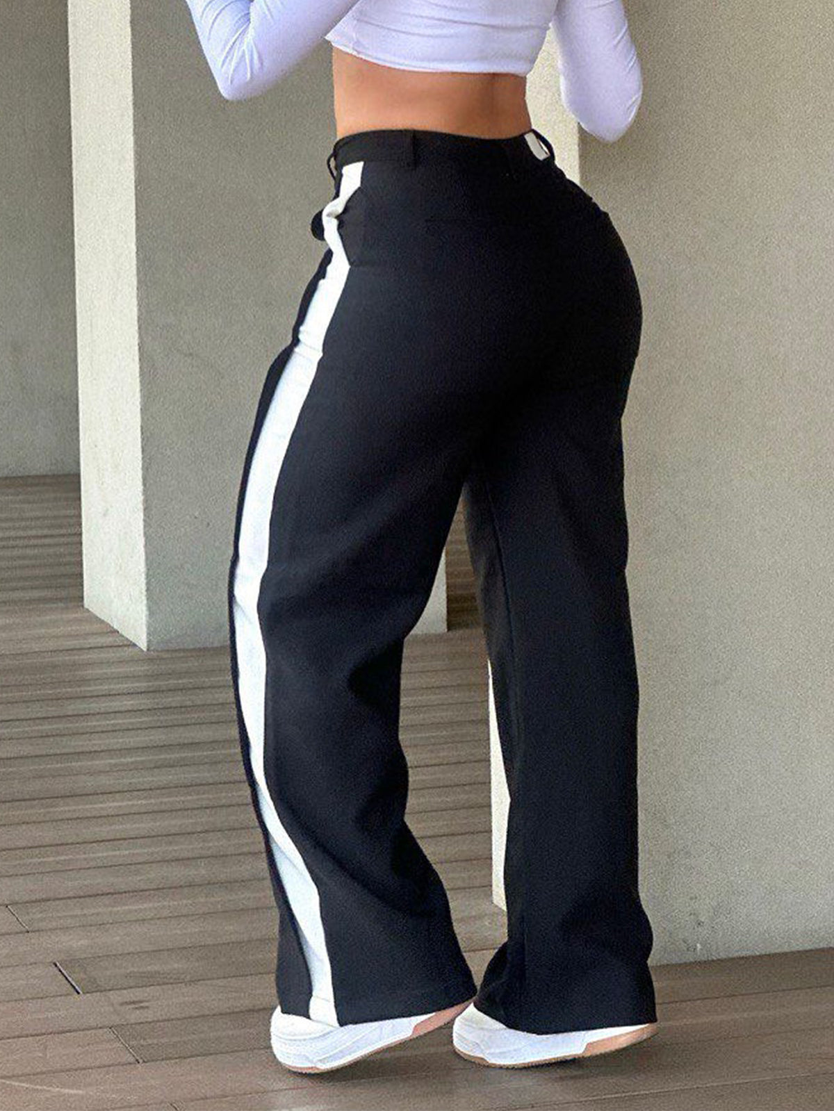 High Waisted Side Stripe Wide Leg Pants Black