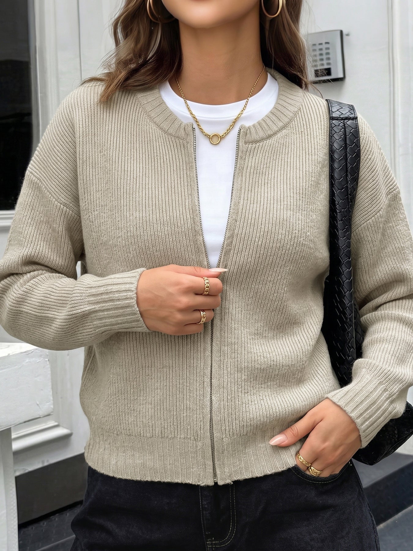 Zip Up Knit Cardigan Relaxed Fit Long Sleeve Sweater