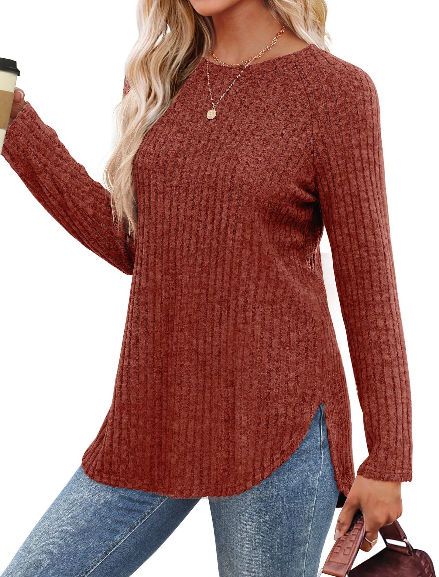 Solid Ribbed Knit Tunic Top Curved Hem Long Sleeve