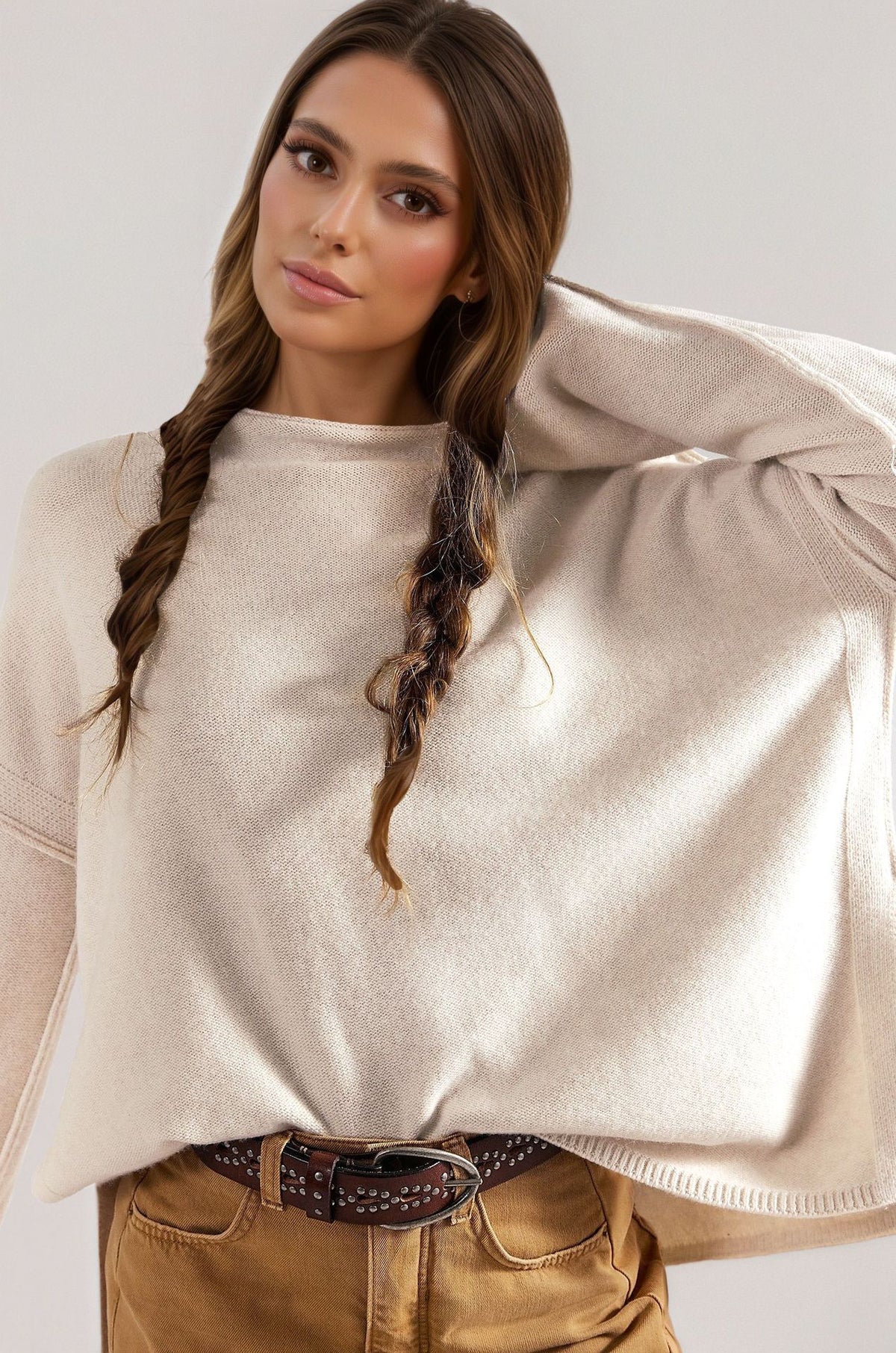 Women's Oversized Crew Neck Knit Sweater with Side Slit
