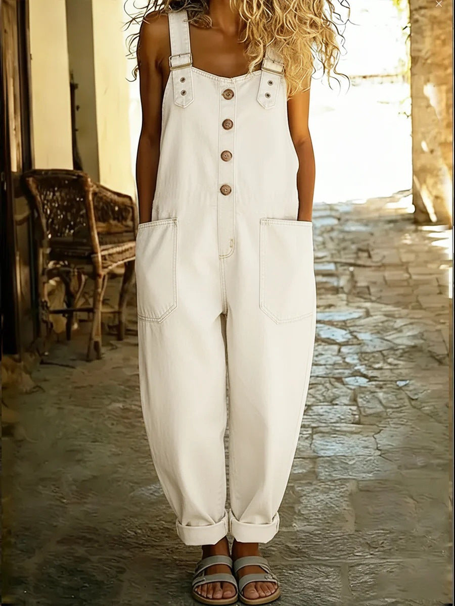Washed Denim Overalls Adjustable Strap Relaxed Fit