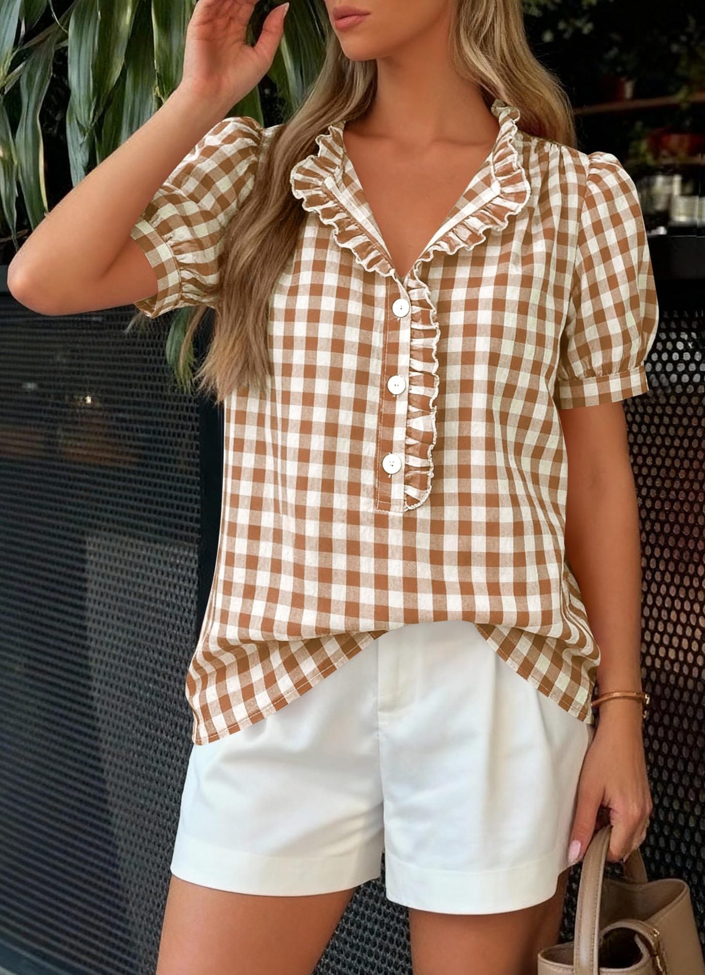 Plaid Puff Sleeve Blouse Boutique Ruffle Button Top