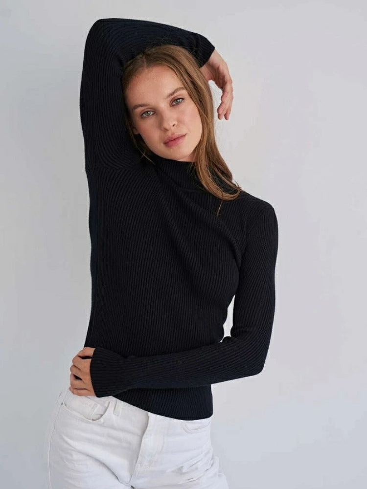 Ribbed Mock Neck Sweater Slim Fit Long Sleeve Knit Top