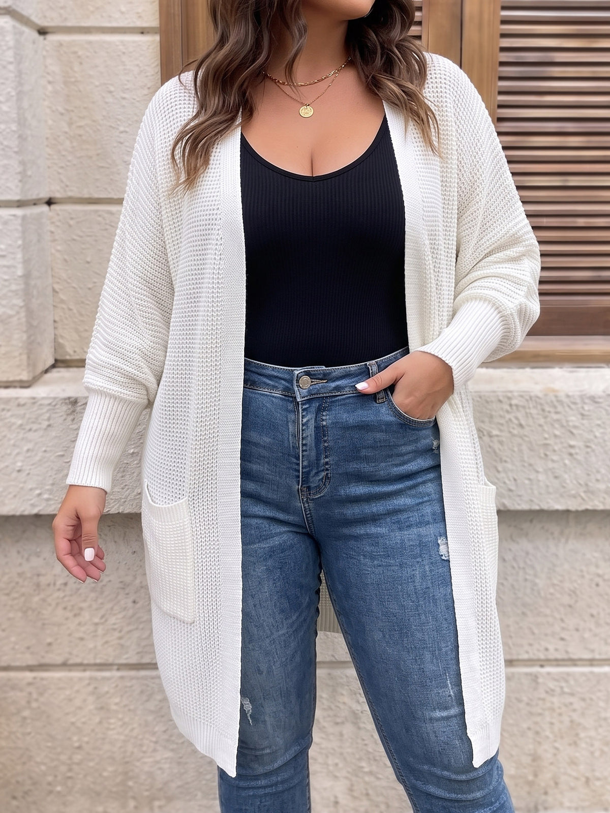 Oversized Batwing Open Front Knit Cardigan with Pockets