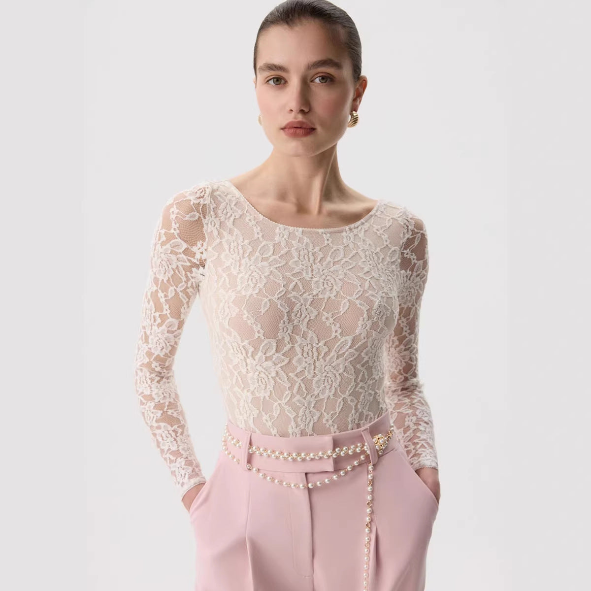 Women's Sheer Blouse Lace Long Sleeve Fitted U Neck Top