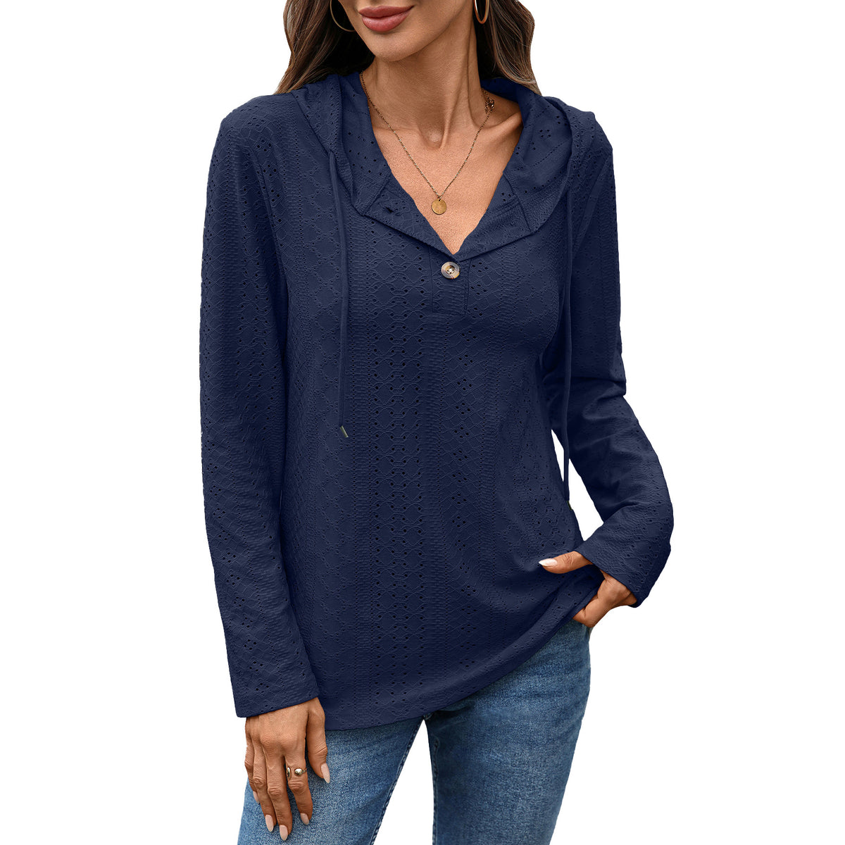 Women's Eyelet Hooded Henley Long Sleeve Loose Tunic Top